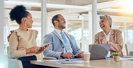 Image showing Happy business people, team and laughing in meeting for company update, planning or feedback review. Diversity, corporate group or office employees in collaboration, conversation with a funny joke