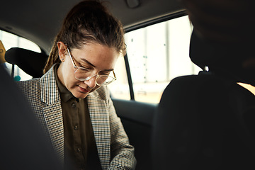 Image showing Taxi, car and business woman travel or commute in a vehicle ride and transport backseat in the morning to work. City, drive and professional person, employee or passenger in a trip or journey