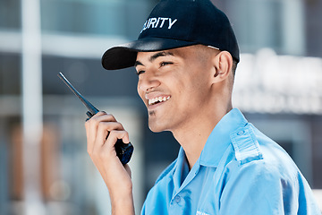 Image showing Walkie talkie, man and security guard happy in city in discussion, thinking and communication. Safety, protection and officer on radio to chat on tech in police surveillance service in urban outdoor