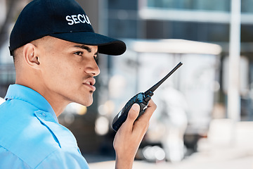 Image showing Security guard, walkie talkie and man in city in communication, surveillance and thinking. Safety, protection and serious officer on radio to chat on tech in police service, investigation and report