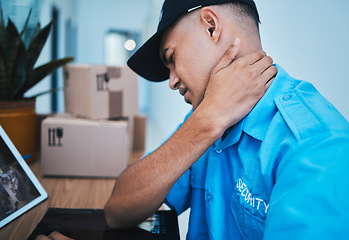 Image showing Burnout, desk and a security man with neck pain, health or stress from work in safety. Frustrated, tired and a bodyguard or worker with a muscle injury, inflammation or feeling after an accident