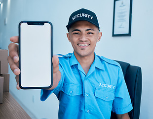 Image showing Security guard man, portrait and mobile phone screen for mockup space for promo, ux or smile in workplace. Young safety office, surveillance agent or blank smartphone for app branding in control room