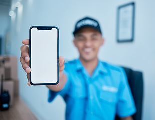 Image showing Security guard man, hand and blank phone screen for mockup space for cctv system promo, smile or automation. Safety officer, surveillance agent and smartphone for app logo, brand or mobile ux design