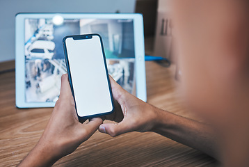 Image showing Security guard, back and control room with phone screen, monitor and hands by mockup space for surveillance. Safety agent, protection service person and smartphone for blank ux, tablet and app logo