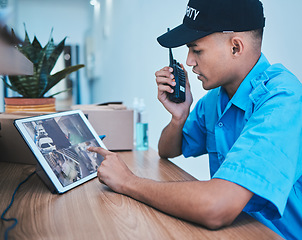 Image showing Security guard, walkie talkie and man on tablet in surveillance, cctv system and smart monitor. Technology, camera and serious officer on radio at desk in safety, investigation service and automation