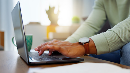 Image showing Closeup, work from home and hands with a laptop, typing and connection with network, smartphone and keyboard. Person, entrepreneur or freelancer with pc, deadline and search internet for website info