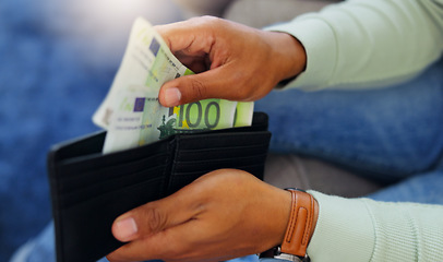 Image showing Finance, cash and wallet with hands of man for payment, banking and investment in living room. Currency, bills and wealth with guy and counting euro money at home for purchase, shopping and income