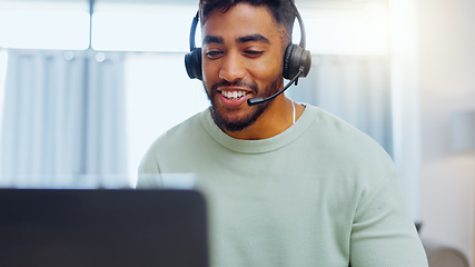 Image showing Video call, black man and work from home, virtual communication or remote client tech support in call center career. Hello, wave of indian person, agent or consultant in living room on laptop talking