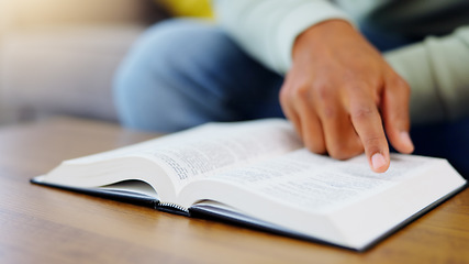 Image showing Prayer, reading and bible with man in living room for worship, spiritual and Christian faith. Hope, God and belief with person praying with holy book at home for religion, thinking and gratitude