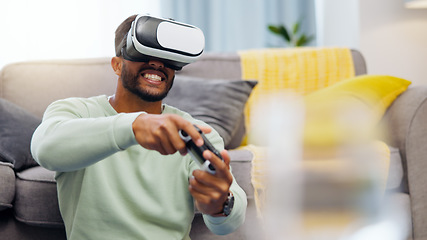 Image showing Vr, gaming Indian man in virtual reality in home on sofa in living room, laughing and having fun. 3d metaverse, esports gamer and happy young male playing futuristic games with controller