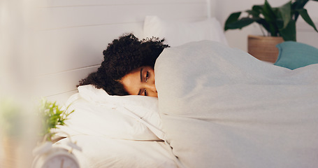 Image showing Woman, bed and insomnia anxiety or restless for sleep or rest in home bedroom with fatigue or stress. Female person frustrated with sleeping problem, depression or disorder while dreaming or sleeples