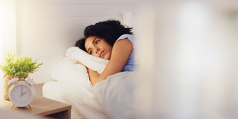 Image showing Woman, bed and insomnia or restless for sleep or rest in home bedroom with fatigue or stress. Female person frustrated with sleeping problem, depression or disorder while dreaming or sleepless