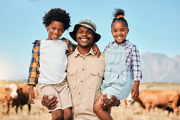 Image showing Portrait, father and children on animal farm outdoor with cattle, sustainability and family. African man and kids on field for farmer adventure or holiday in countryside Africa for travel holiday