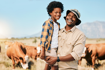 Image showing Happy black man, portrait and child with animals on farm for agriculture, sustainability or live stock cattle. African male person, dad and boy kid smile for natural farming or produce in countryside