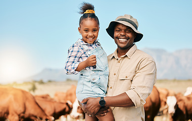 Image showing Animals, father and daughter or family on farm outdoor for cattle, holiday and travel. Happy black man and child smile on a field for farmer adventure or trip in countryside with cows in Africa