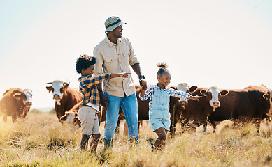 Image showing Family farm, father and children with animals outdoor for cattle, sustainability and travel. Black man and kids point and walking on a field for farmer adventure or holiday in countryside with cows