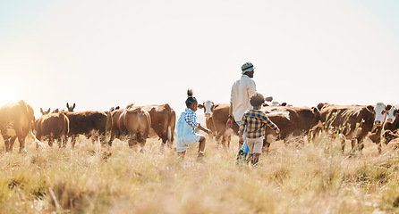 Image showing Cattle, children and father on family farm outdoor for livestock, sustainability or travel. Black man and kids walking on a field for farmer adventure or holiday in countryside with cows in African