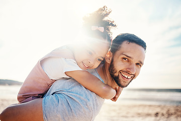 Image showing Portrait, father and piggyback child at beach for summer holiday, family vacation and travel together in Colombia. Happy dad carrying young girl kid at ocean for love, care and support in sunshine