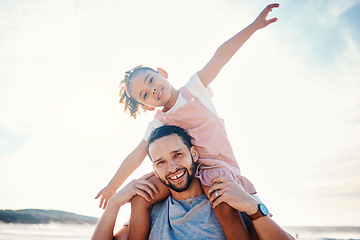 Image showing Portrait, father and piggyback girl at beach on summer holiday, family vacation or travel together in Colombia. Happy dad, kid and playing airplane games at sea on mockup sky for freedom in sunshine