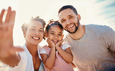 Image showing Portrait, happy family and selfie of child at beach for summer holiday, vacation and travel together in Colombia. Mother, father and girl kid smile for picture, memory or freedom at ocean in sunshine