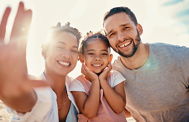 Image showing Portrait, parents and selfie of kid at beach for summer holiday, family vacation and travel together in Colombia. Mom, dad and girl child smile for picture, memory and freedom at ocean in sunshine