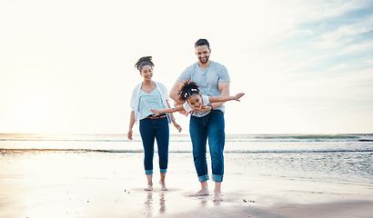 Image showing Beach, airplane with father, child and mother, freedom with sunshine and family, happiness and together with games. Travel, adventure and playful, happy people bonding with energy and kid is flying