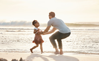 Image showing Beach, love and father with girl child in nature with freedom, playing and bonding on summer vacation. Ocean, games and kid running to parent at the sea for travel, fun and holiday in Mexico together