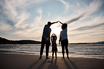 Image showing Beach, protection and safety, family and silhouette, parents and kid with back view, travel and solidarity with support. Trust, love and sunset, adventure in nature and people by ocean with insurance