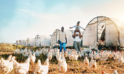 Image showing Freedom, gay couple and chicken with black family on farm for agriculture, environment and bonding. Relax, happy and love with men and child farmer on countryside field for eggs, care and animals