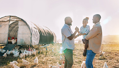 Image showing Playful, gay couple and chicken with black family on farm for agriculture, environment and bonding. Relax, nature and love with men and child farmer on countryside field for eggs, care and animals