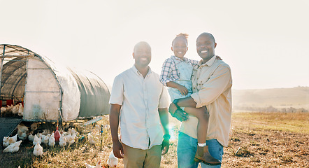 Image showing Happy, gay couple and portrait of black family on chicken farm for agriculture, environment and bonding. Relax, lgbtq and love with men and child farmer on countryside field for eggs, care or animals