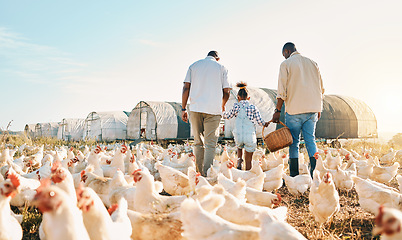 Image showing Happy, holding hands and chicken with black family on farm for agriculture, environment and bonding. Relax, lgbtq and love with men and child farmer on countryside field for eggs, care and animals