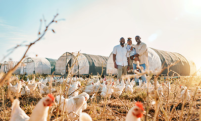Image showing Portrait, gay couple and chicken with black family on farm for agriculture, environment and bonding. Relax, happy and love with men and child farmer on countryside field for eggs, care and animals