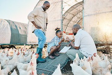 Image showing Egg, checklist and chicken with black family on farm for agriculture, environment and bonding. Relax, monitor and love with men and child farmer on countryside field for health, care and animals