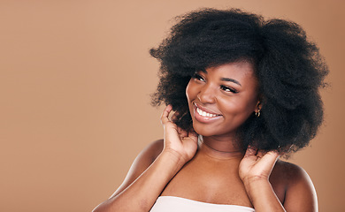 Image showing Thinking, black woman and hair care for afro, growth and natural beauty on a brown studio background. Ideas, hairstyle and African model with cosmetics after salon treatment, texture and mockup space