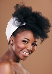 Image showing Portrait, hair and smile for beauty with a black woman in studio on a brown background for natural cosmetics. Face, organic and haircare with a happy young afro female indoor for shampoo treatment