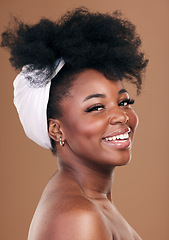 Image showing Hair, smile and beauty portrait of a model black woman in studio on a brown background for natural cosmetics. Face, happy and haircare with a young afro female person indoor for shampoo treatment