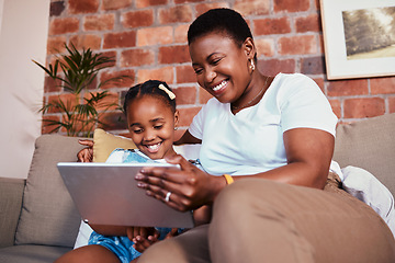 Image showing Black family, streaming and mom with girl on tablet in home watching tv online or kid learning with education games on internet. Happy, mother and child on mobile app to relax with social media