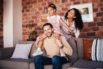 Image showing Family, happy and portrait while playing on a home sofa for fun, bonding and time together. A man, woman and girl kid in a lounge with love, care and happiness for airplane game in Puerto Rico house