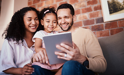 Image showing Family, tablet and internet on home sofa for e learning, education and time together. A happy man, woman and kid in a lounge with technology for streaming video, movies or games online in Puerto Rico