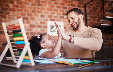 Image showing Homework high five, happy and father with child for success in math, counting or a project. Home, celebration and dad, girl kid or family with hand gesture for support on education or learning goal