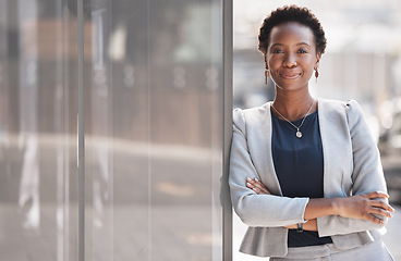 Image showing Balcony, proud and portrait of black woman accountant confident and ready for finance company growth or development. African, corporate and young employee or entrepreneur in Nigeria startup business