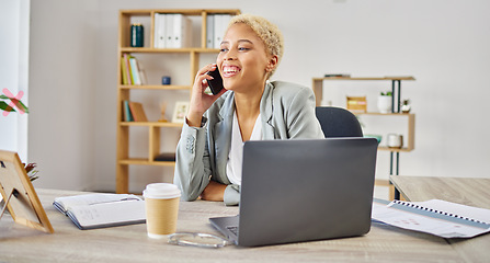 Image showing Phone call, smile and business woman in office for talking, discussion and communication at desk. Happy female worker speaking on mobile tech for contact, networking and conversation for consulting
