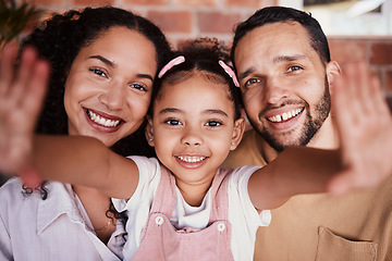 Image showing Selfie of happy family in home, parents and kid with smile, bonding and relax in living room. Portrait of mom, dad and girl child on couch in apartment with man, woman and daughter together in Brazil