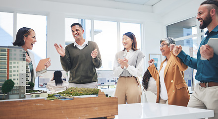 Image showing Business, team and architecture with achievement, celebration and applause for success, collaboration and real estate development. Group, men and women cheering, property and engineer with support