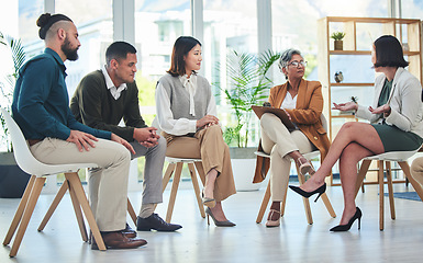 Image showing Business people meeting, group and leader listen to plan, sales pitch idea or job report and planning strategy. Teamwork, listening staff and CEO manager, discussion and chat about performance check