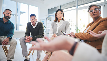 Image showing Business people meeting, group and leader explain project management, sales workshop or hands of boss with strategy. Teamwork, speech or team manager discussion, conversation and chat about workshop