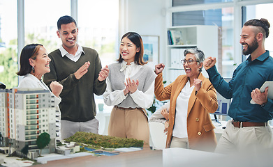 Image showing Business, staff and architecture with achievement, celebration and applause for success, growth and real estate development. Excited group, men and women cheering, property and engineer with model