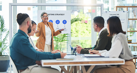 Image showing Business people meeting, group and speaker presentation, CEO speech and talking to staff, brainstorming or planning. Collaboration, marketing strategy and team manager discussion on advertising sales