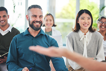 Image showing Hand, presentation and happy business people in a meeting in the crowd of a seminar for a mentor. Smile, diversity and team of corporate employees in a work conference and listening to a boss